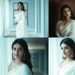 Eeswaran Actress Niddhi Agerwal Sizzling in White Saree Photoshoot Stills